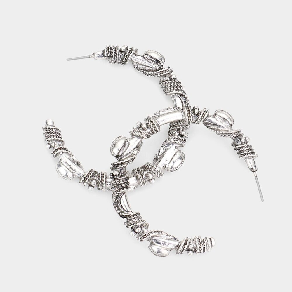 NEW Bohemian Antique Silver Metal Half Hoop Earrings